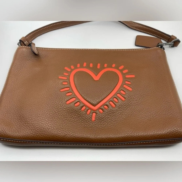 COACH x Keith Haring Leather Large Wristlet 25, Gunmetal/Saddle, NWOT - Picture 15 of 15